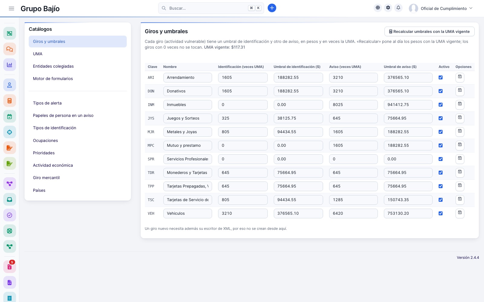 Business lines and thresholds: identification and filing in multiples of the UMA and in pesos, with the button to recalculate with the current UMA