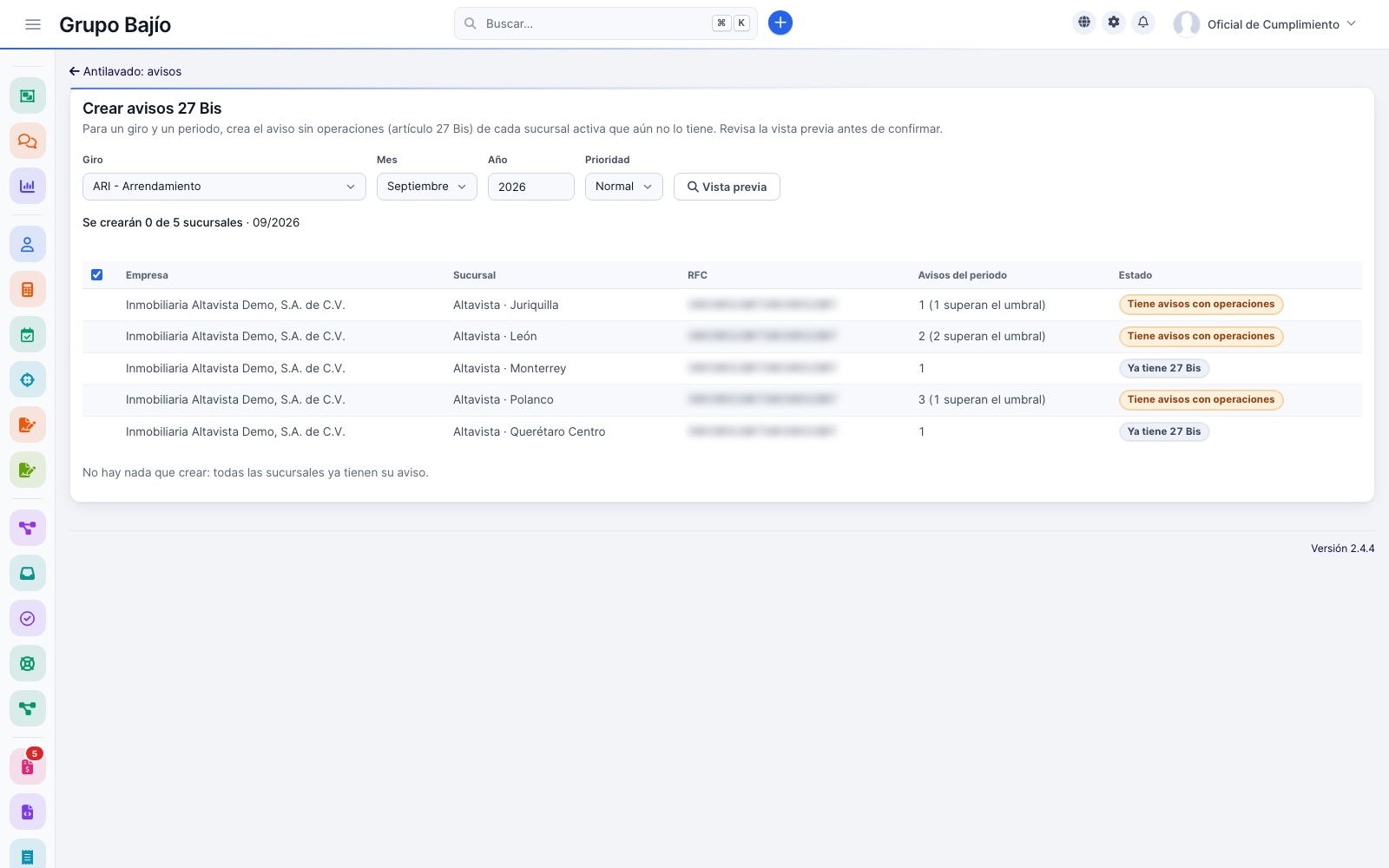 Create 27 Bis filings: leasing branches with their status, those with operations and those that already have a zero filing