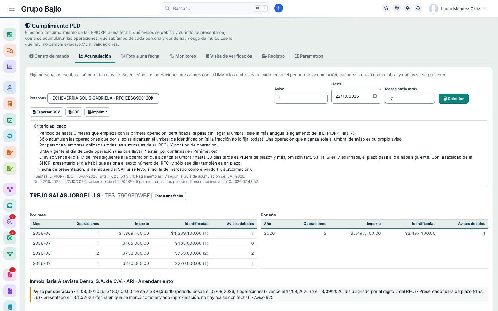 Accumulation of a person by month and by year, with operations, amount, identified and filings due, and the criterion applied