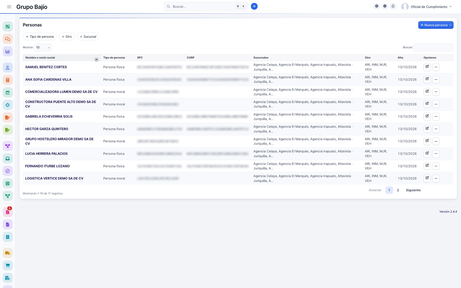 List of individuals and companies with their type, branches and business lines; RFC and CURP blurred