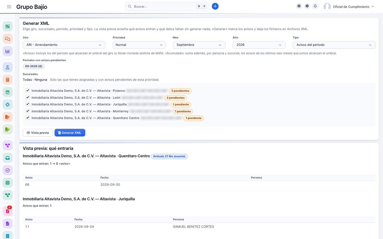 Generate XML: business line, priority, period and type, branches with pending filings and a preview of what would be included