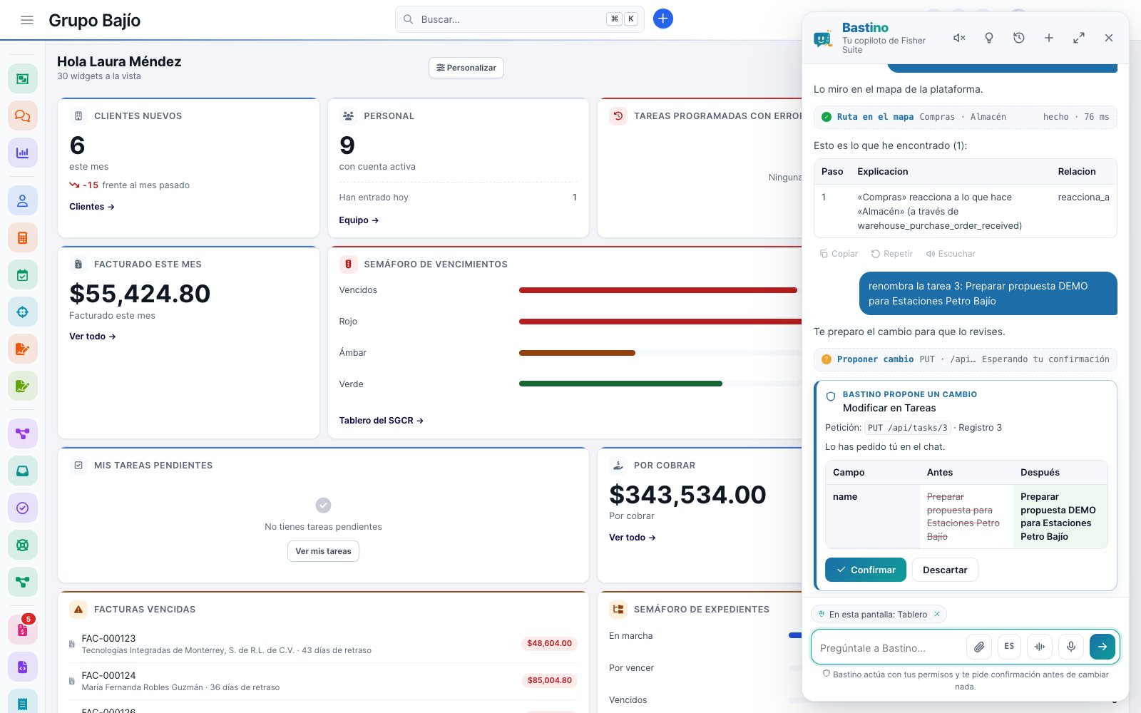 Bastino proposes renaming a task and shows the before and after of the field, with Confirm and Discard buttons