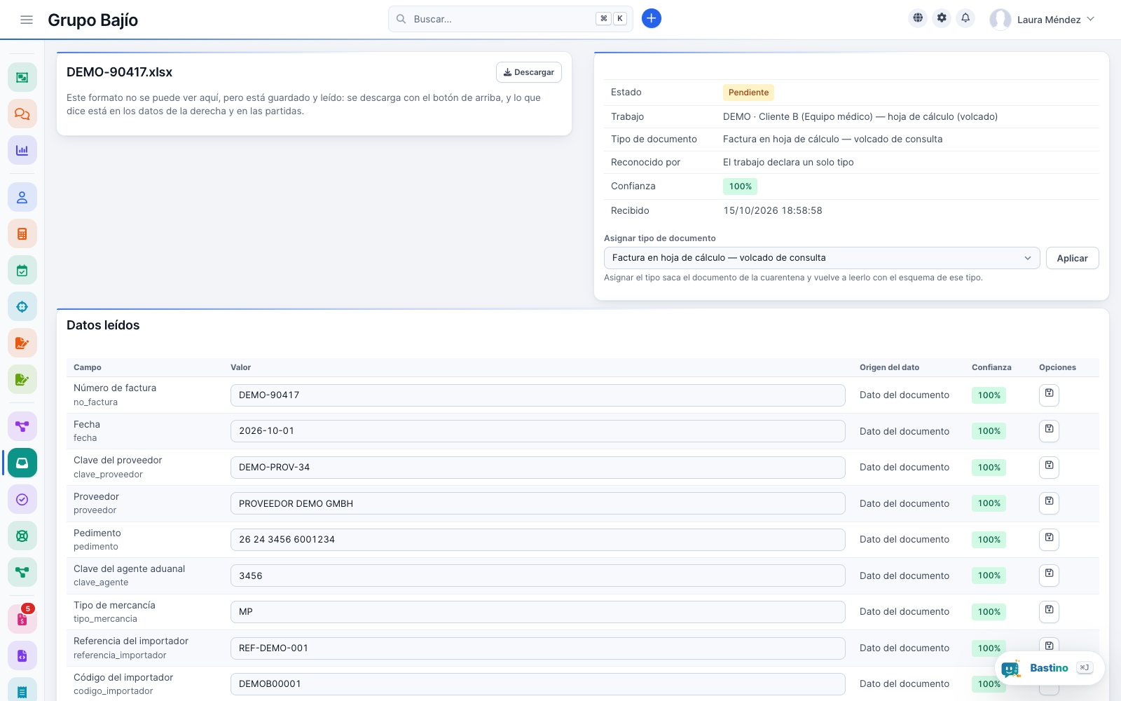 Demo invoice read by the inbox: recognized type, confidence and data read field by field