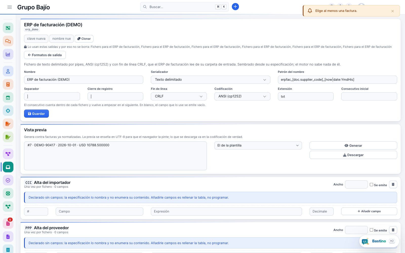 Output format of the billing ERP: pipe-delimited, ANSI encoding, CRLF line endings and its records