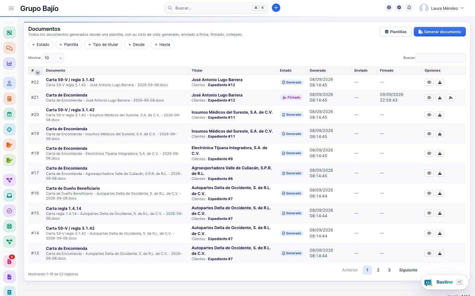 Generated documents with their template, owner and status