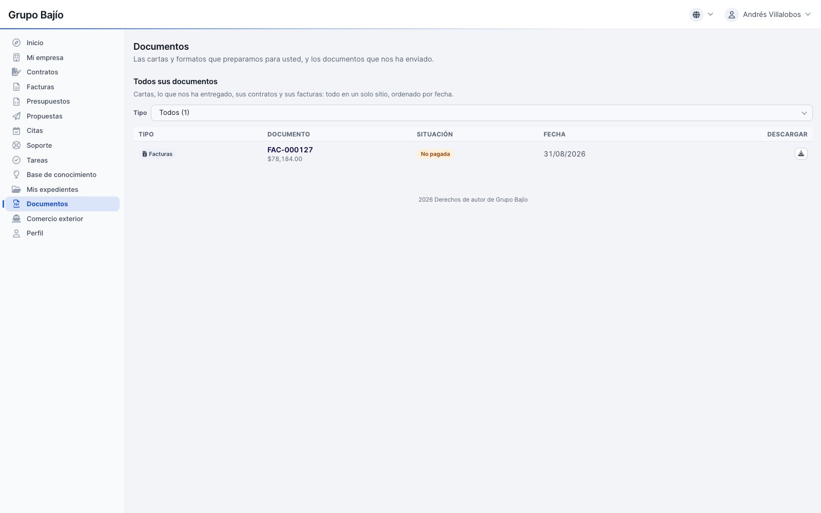 Customer portal: documents with letters, uploaded files, contracts and invoices