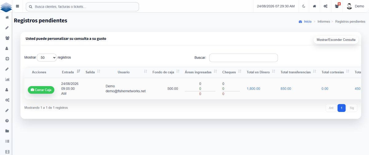 Cash register closing: float, total in cash, transfers and close button