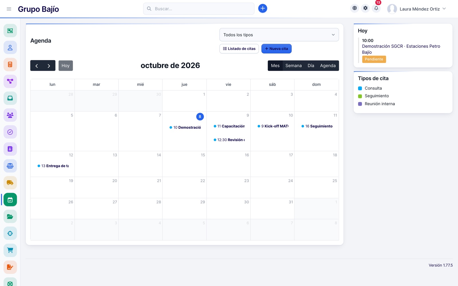 Monthly appointment calendar with appointment types