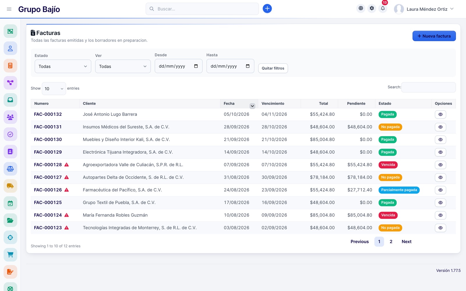 List of invoices with total, outstanding and status