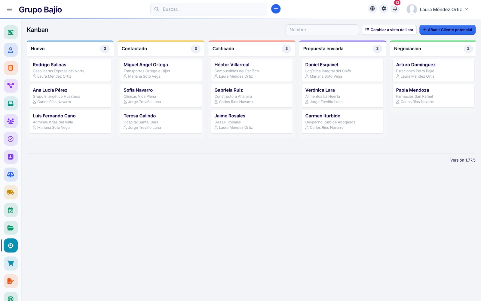 Lead kanban: new, contacted, qualified, proposal sent and negotiation