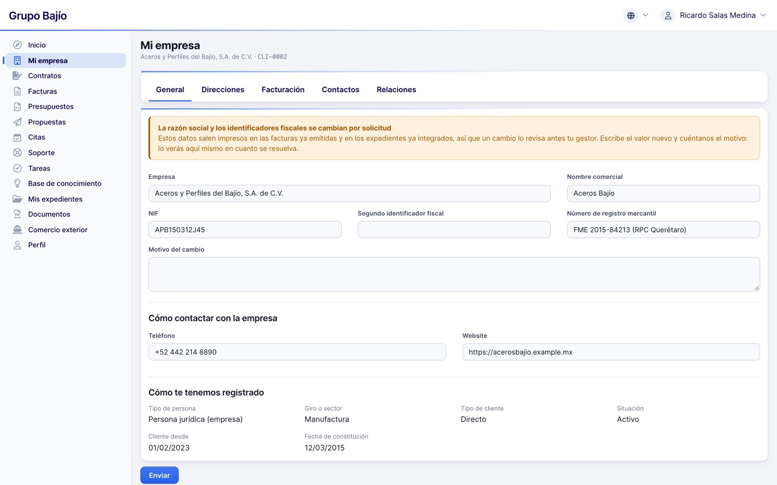 My company in the customer portal with a request to change tax data