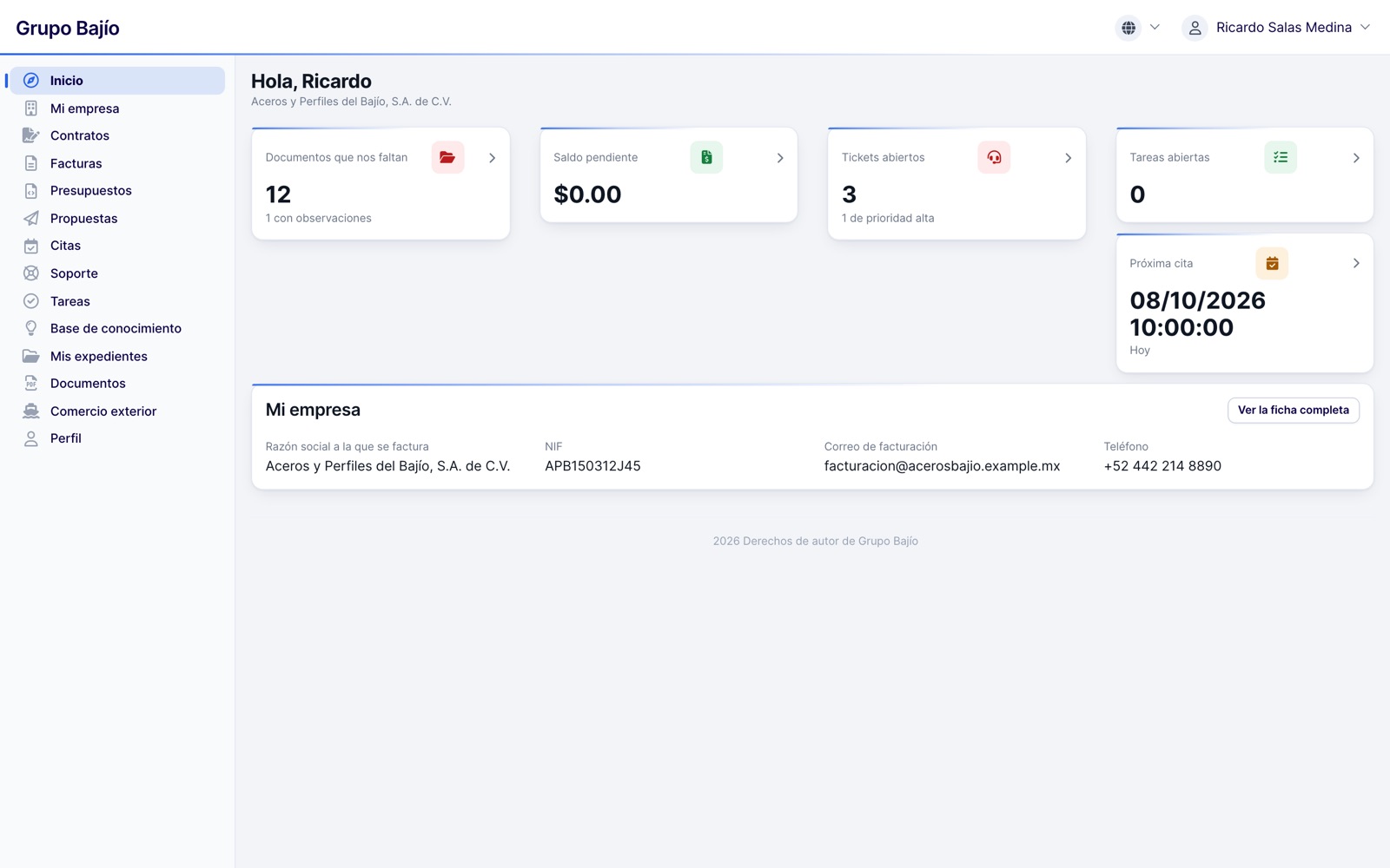 Customer portal home with missing documents, balance, tickets and next appointment