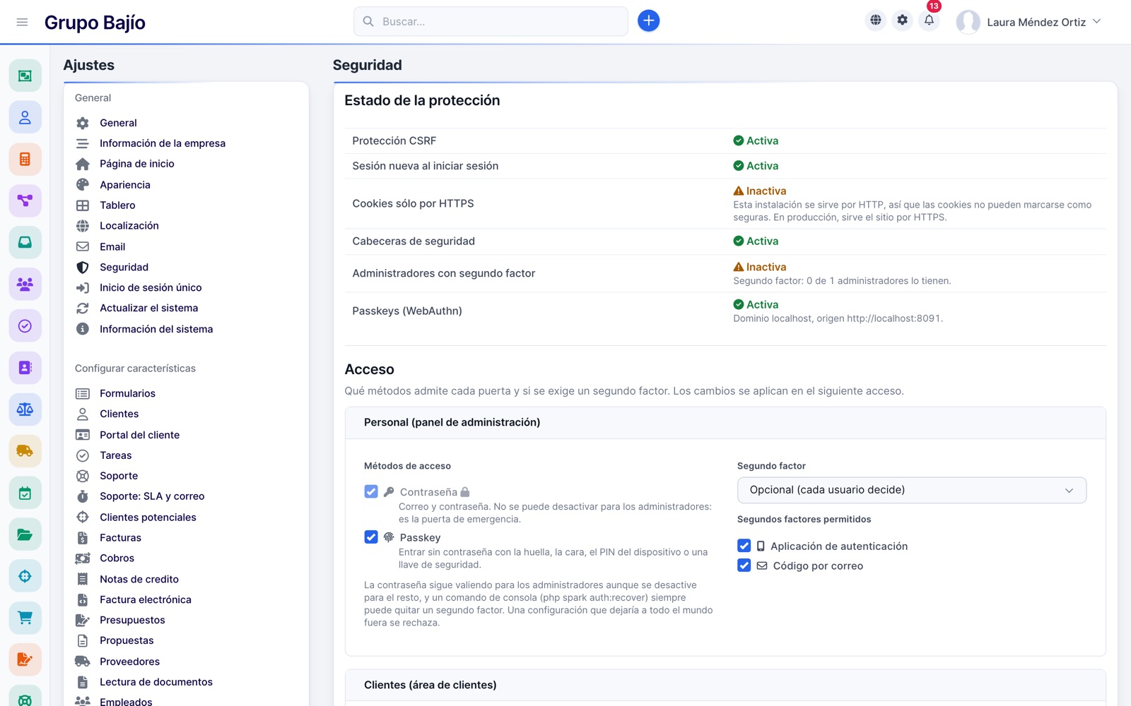 Security settings with protection status, access methods and second factor per audience