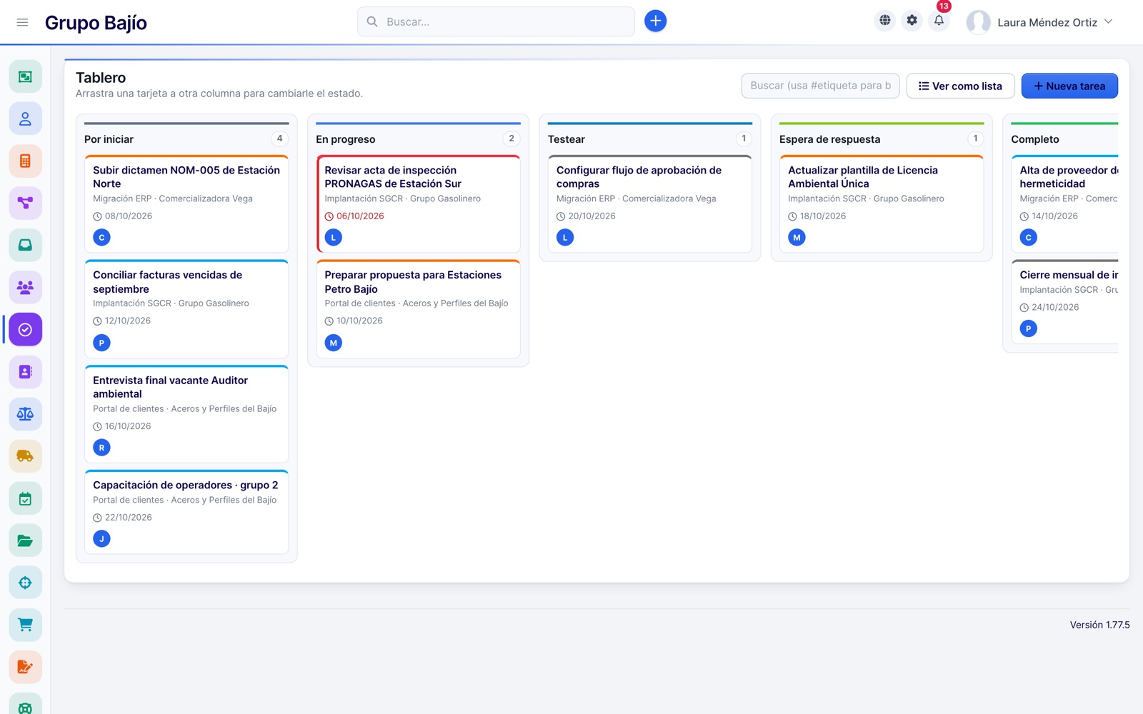Task kanban board by status with owners and dates