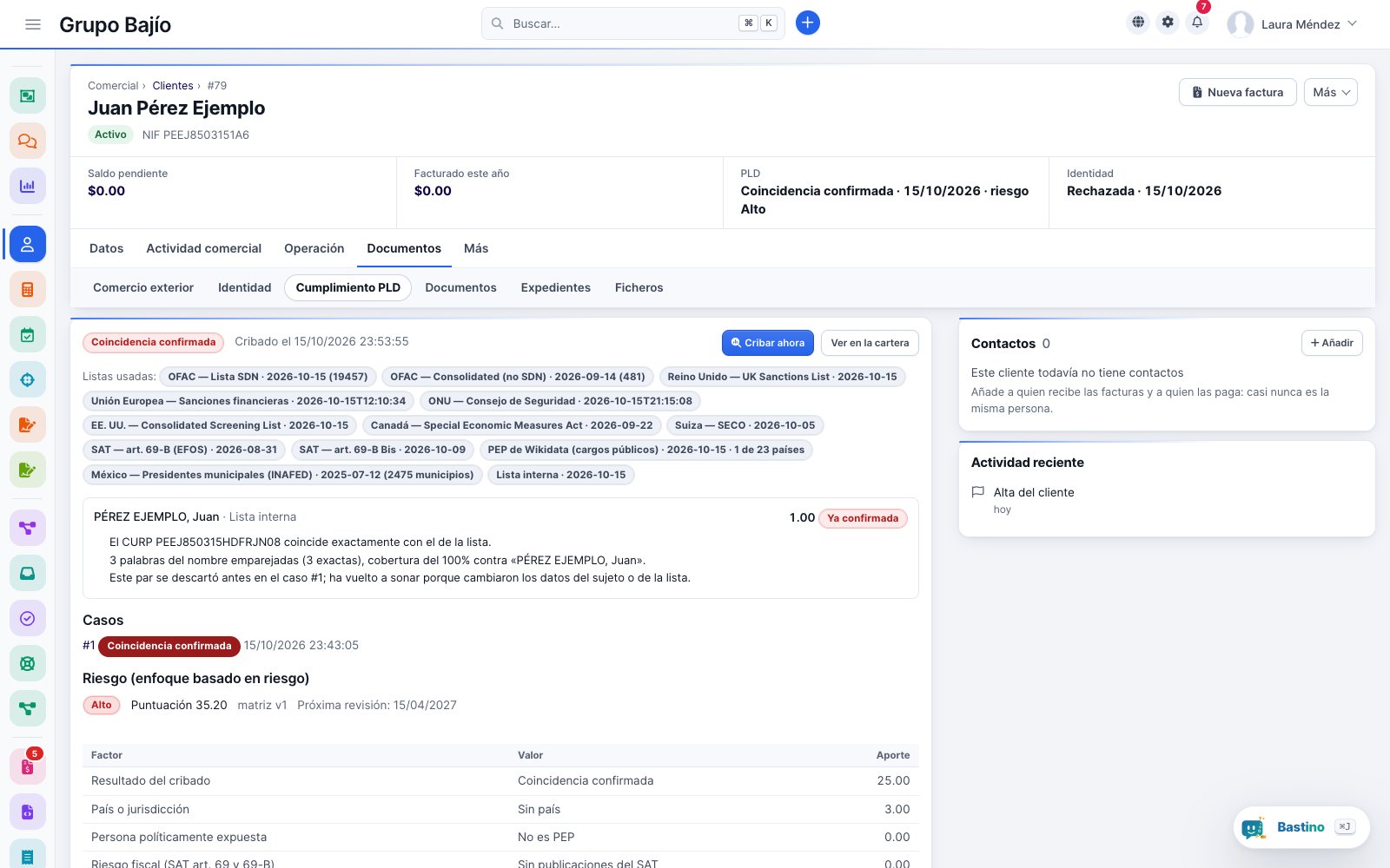 Record of a fictitious customer with its AML status (confirmed match and high risk), its identity verification, the lists consulted with their version and the risk breakdown