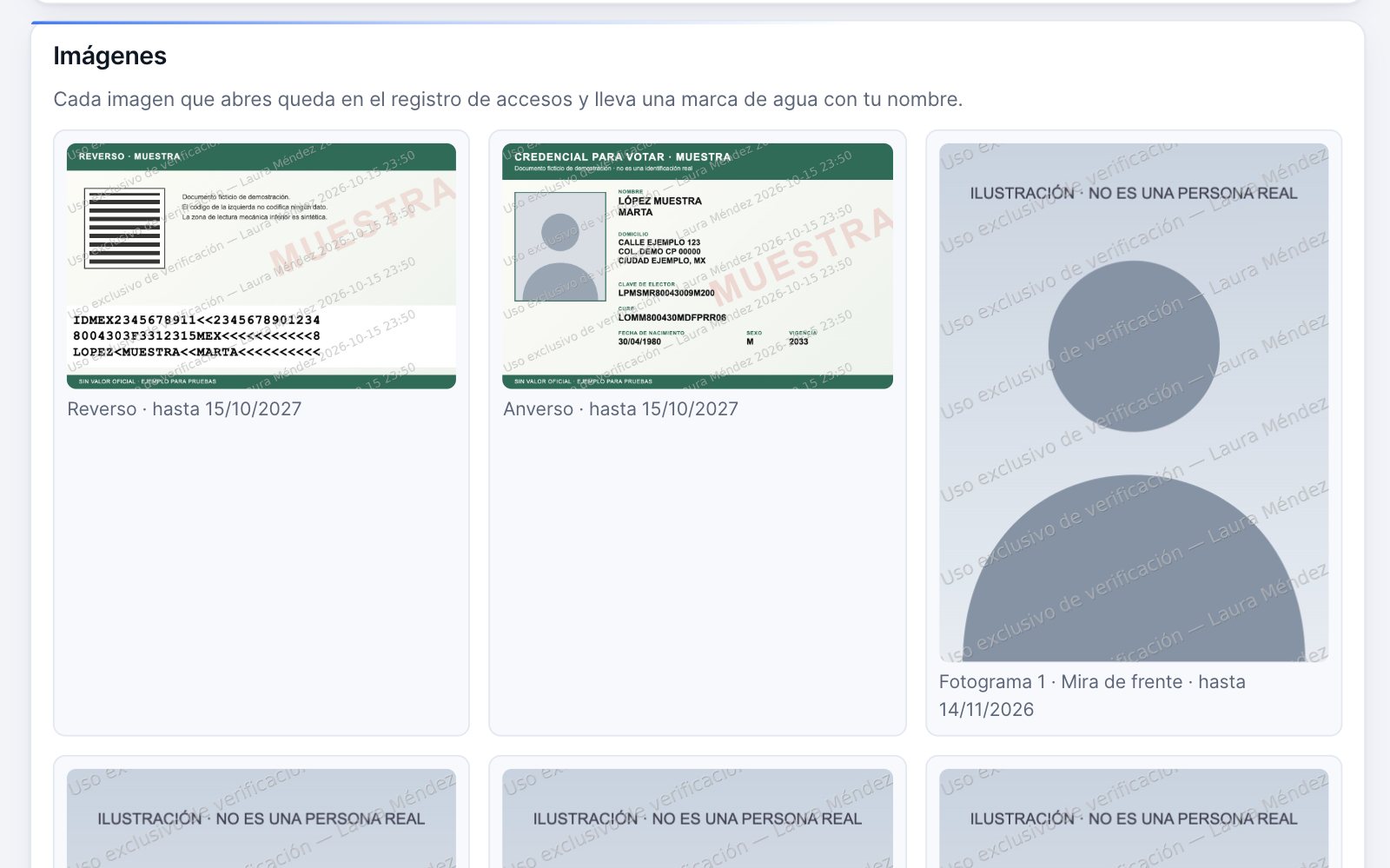 Images of a verification: back and front of a fictitious sample ID and frames with illustrations, all with a watermark with the reviewer's name