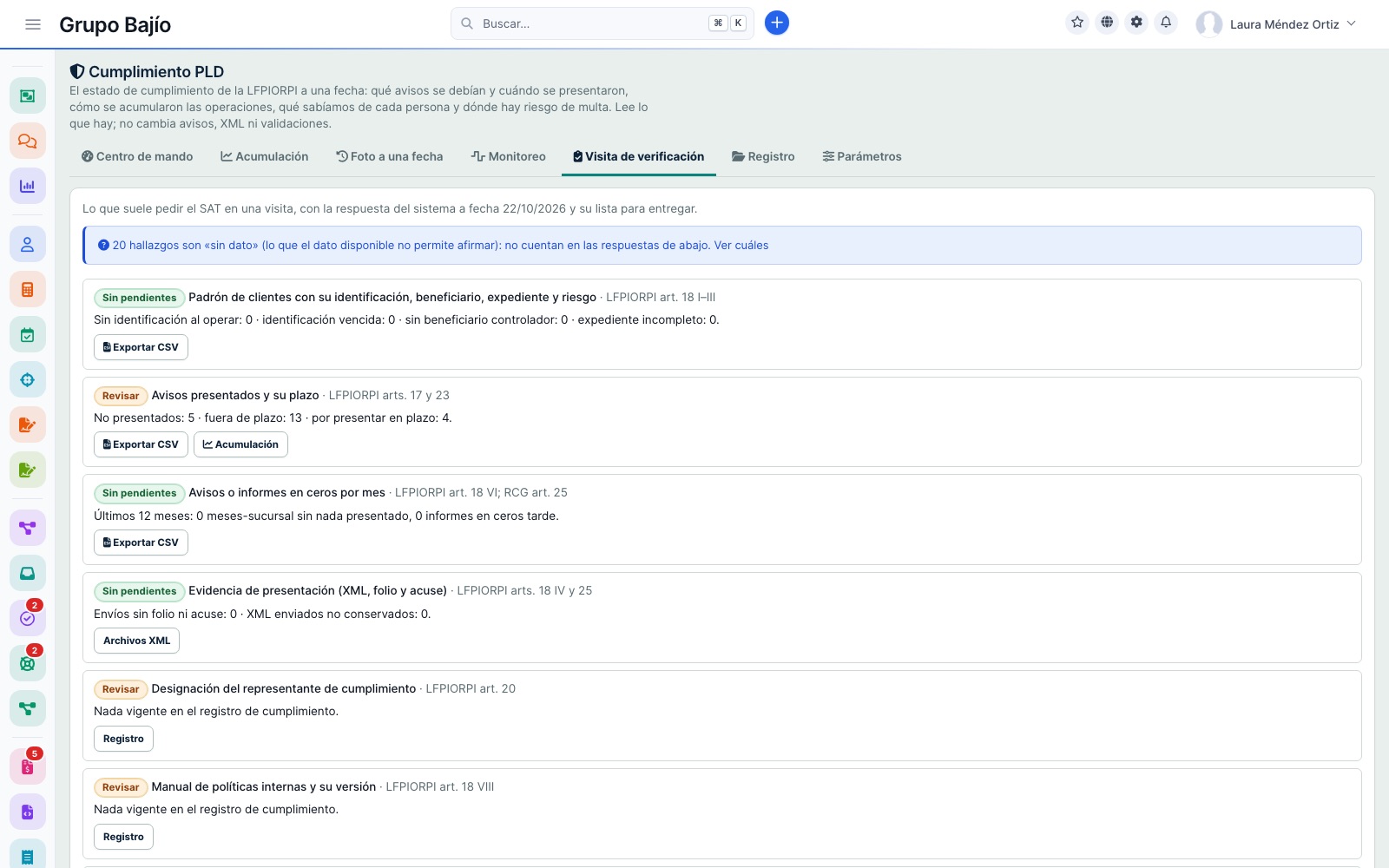 Visita de verificación: tarjetas con lo que suele pedir el SAT, el artículo de la ley, la respuesta del sistema y botones para exportar a CSV