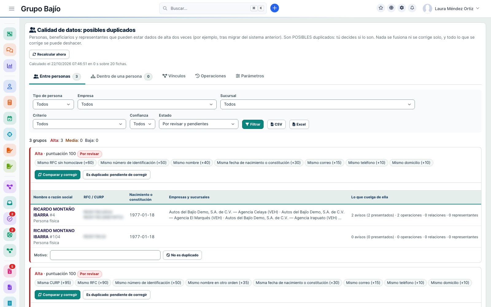 Calidad de datos: grupos de posibles duplicados con su confianza, los criterios coincidentes, y lo que cuelga de cada ficha