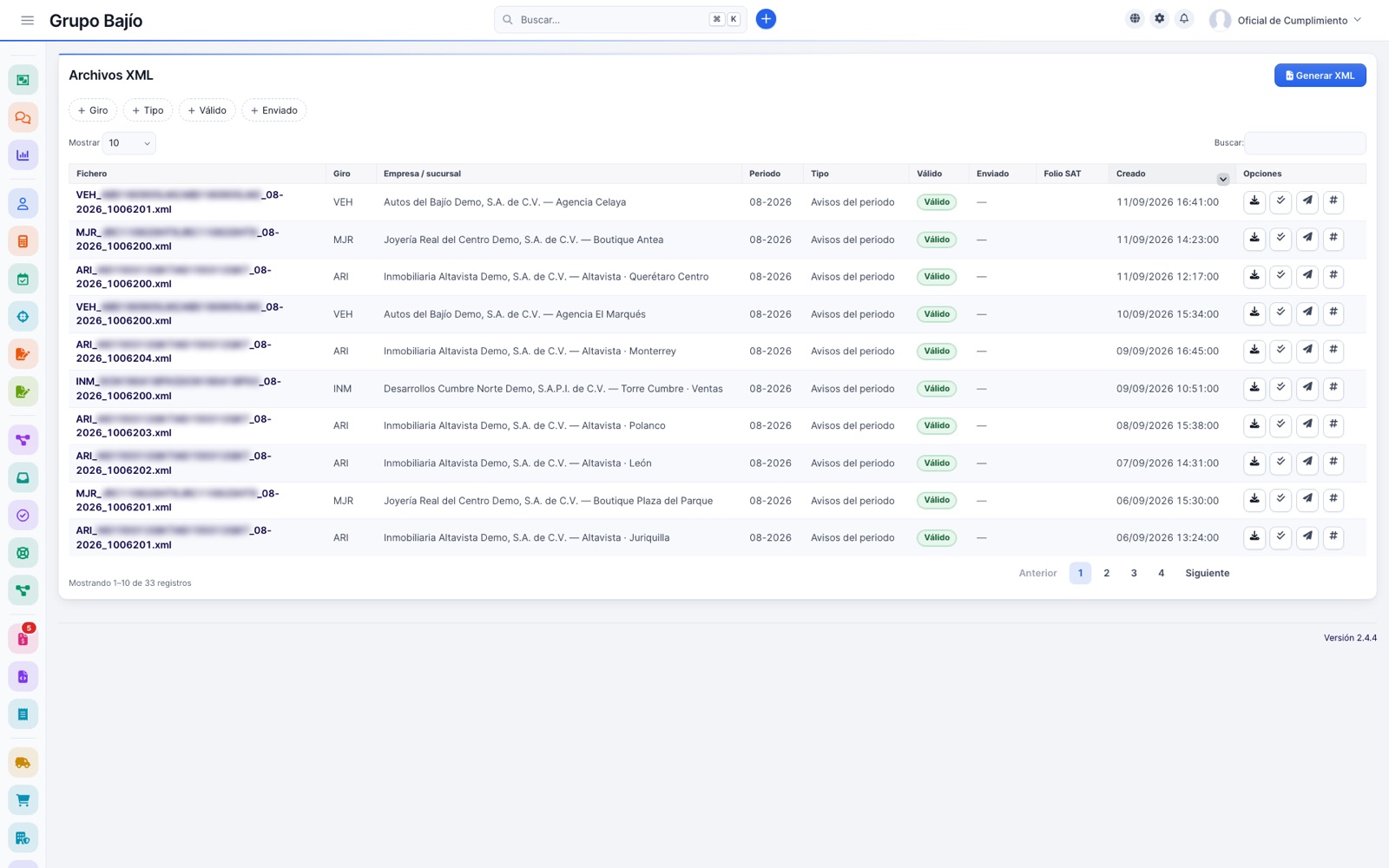 Archivos XML generados por giro, empresa y sucursal, periodo, validez y fecha, con botones de descargar, revalidar, enviar y folio