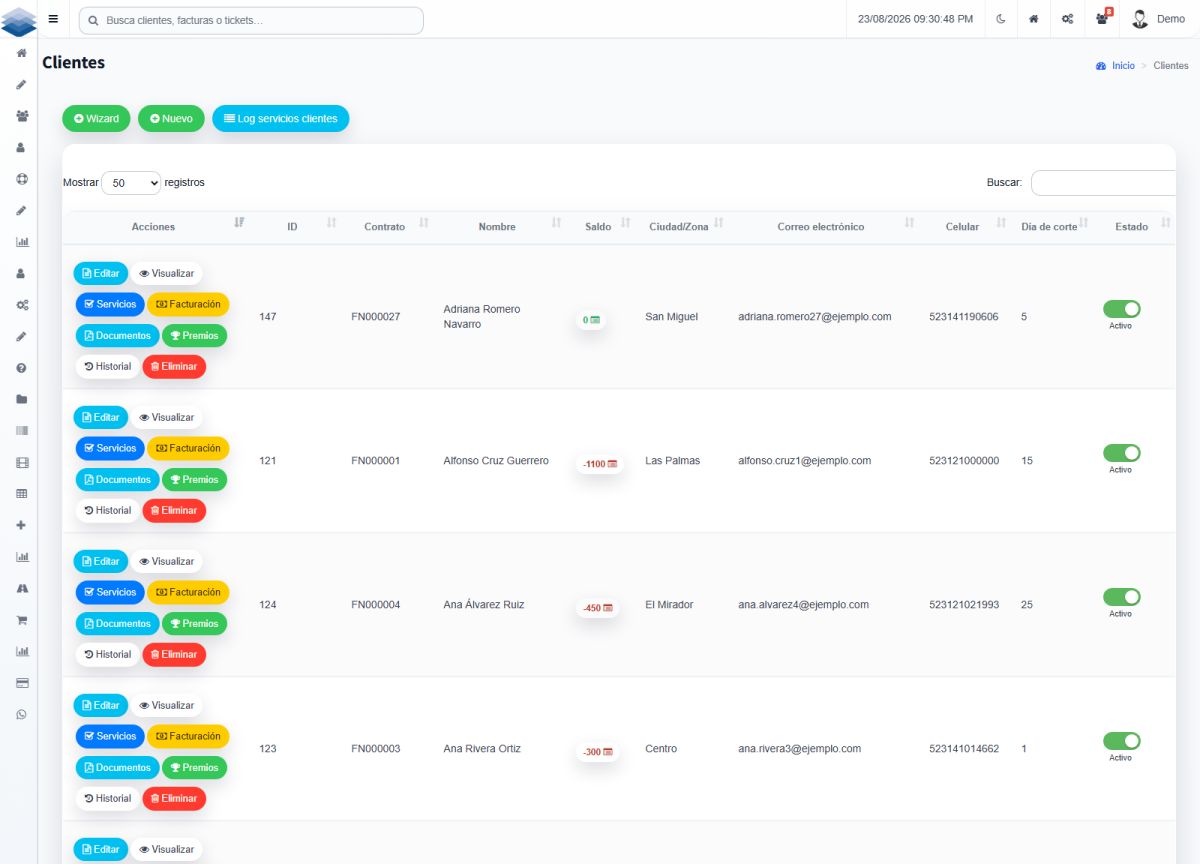 Listado de clientes del CRM con saldos, contrato y estado del servicio