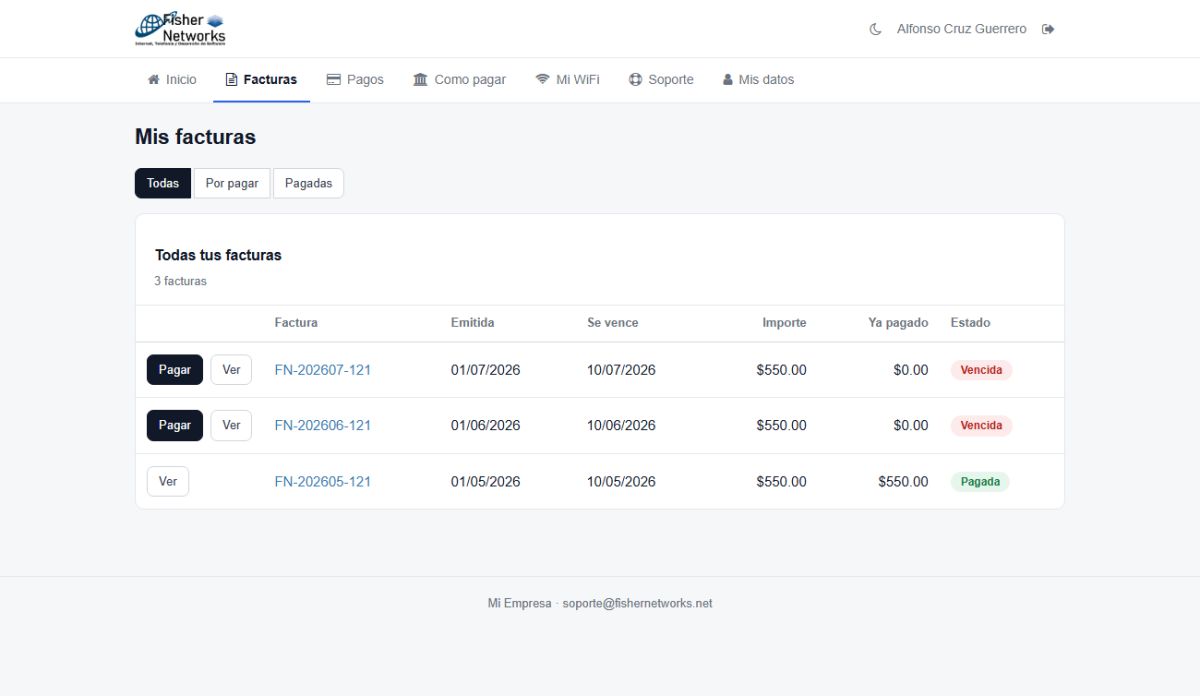 Facturas del cliente en el portal, con boton de pagar y estado de cada una