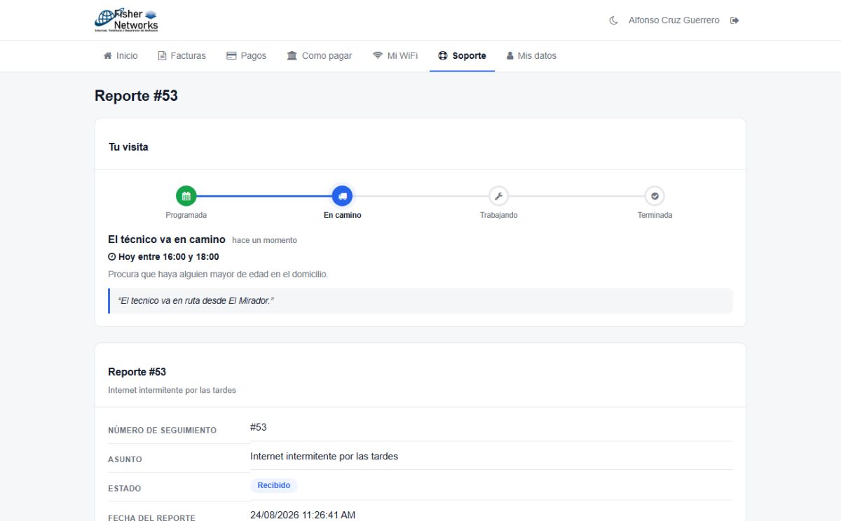 El cliente ve en su portal que el tecnico va en camino, con la ventana de horario