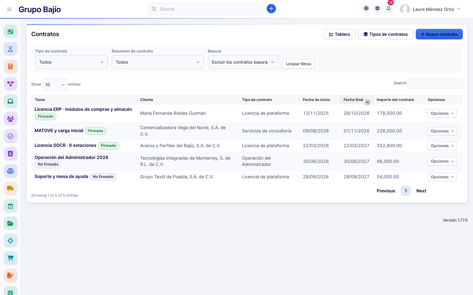 Listado de contratos con tipo, cliente, fechas, importe y firmado