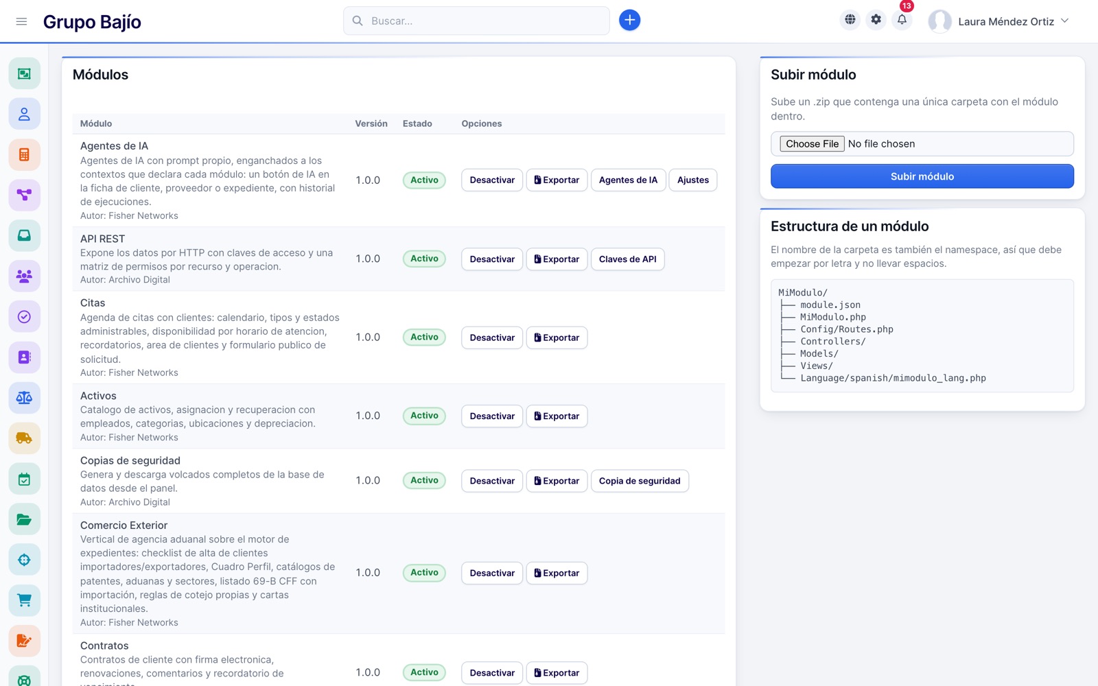 Gestor de módulos instalables con activar, desactivar y exportar