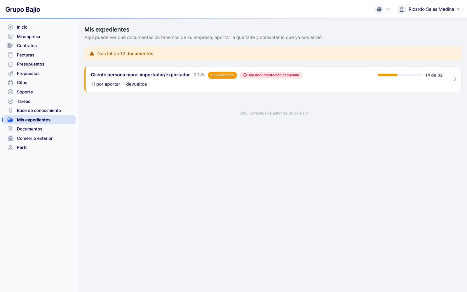 Expedientes del cliente con documentos por aportar