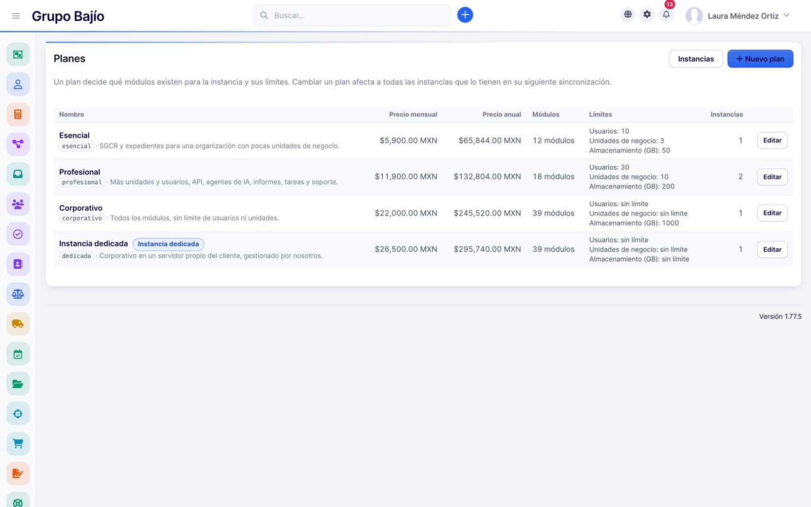 Planes con precio mensual, módulos y límites